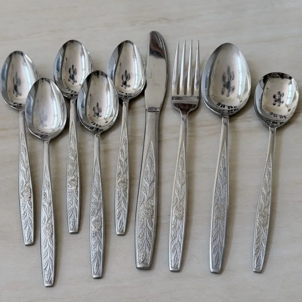 9pc Granada Rose and Leaves Flatware Set Stainless Textured Handle Japan Rare